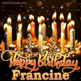A glowing personalized birthday GIF with name Francine featuring lit candles with intricate designs, warm lighting, and the text 'Happy Birthday' in an elegant font.