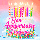 A white birthday cake covered in colorful sprinkles, topped with bright candles, and French text 'Bon Anniversaire Francine' on a pastel gradient background in an animated GIF.