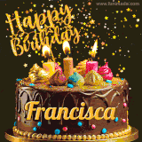 A delightful chocolate birthday cake with bright candles and 'Happy Birthday Francisca' written in gold amidst a shower of animated stars.