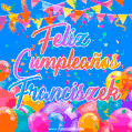 A vibrant animated GIF with 'Feliz Cumpleaños Franciszek' written in colorful script, surrounded by balloons, confetti, and bunting on a bright blue background.