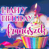A festive animated GIF featuring a colorful cupcake with a single lit candle, sprinkles, and 'Happy Birthday Franciszek' text against a sparkling, celebratory background.