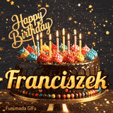 Close-up of colorful whipped cream toppings on a chocolate cake with flickering candles, custom-designed for Franciszek.