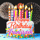 A lively happy birthday animated GIF showcasing a colorful birthday cake covered in sprinkles, topped with glowing candles, and surrounded by vibrant fireworks. The name 'Franciszek' is featured in elegant script.