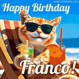 A cheerful cat wearing sunglasses, enjoying drinks on a sunny beach chair, with the text 'Happy Birthday Franco!' in bright letters.