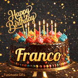 A chocolate birthday cake with colorful candies at the base and lit candles on top, featured on an animated card for Franco.