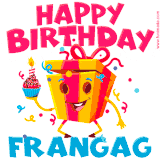 A vibrant and funny gift box character with a happy face dancing with a cupcake and the text 'Happy Birthday Frangag,' surrounded by animated confetti and party vibes.