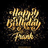 Animated GIF with colorful, festive 'Happy Birthday Frank' text decorated with patterns, a party hat, and falling confetti. A vibrant and cheerful design for birthday celebrations.