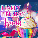 A festive animated GIF featuring a colorful cupcake with a single lit candle, sprinkles, and 'Happy Birthday Frank' text against a sparkling, celebratory background.