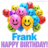 An animated birthday-themed name GIF with colorful smiling balloons and bold 'Frank, Happy Birthday!' text for a celebratory touch.