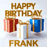 Premium 3D golden typography spelling Happy Birthday Frank hovering over three elegantly wrapped gift boxes in red, white, and blue colors