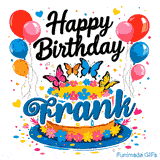 Flying butterflies in shades of blue, yellow, and pink on top of a decorated birthday cake with Frank's name.