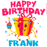 A funny animated birthday GIF with the words 'Happy Birthday Franka', colorful gift box with arms and legs, holding a cupcake with a lit candle  with confetti everywhere.