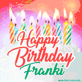 Bright birthday candles with rainbow flames on a cake, alongside the text 'Happy Birthday Franki' in vibrant script in this celebratory animated GIF.