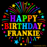 Personalized greeting card with name, colorful text that says 'Happy Birthday Frankie' surrounded by animated fireworks and multicolor stars