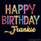 Vibrant luxury birthday greeting card for Frankie, showing glittering gemstone letters and golden calligraphy on a dark background with twinkling shine effects.