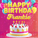 Pink-themed animated greeting with balloons, confetti, and a frosted cake under the message 'Happy Birthday Frankie' in bold rounded yellow font.