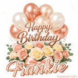 Pastel metallic balloons and rose bouquet Happy Birthday Frankie GIF
