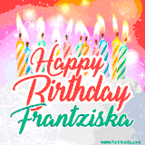 Bright birthday candles with rainbow flames on a cake, alongside the text 'Happy Birthday Frantziska' in vibrant script in this celebratory animated GIF.