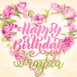 A stunning heart made of pink roses surrounds the elegant script text 'Happy Birthday Frayda' on a soft beige background. Animated sparkles add a magical and festive feel.