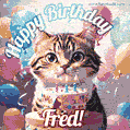 Happy birthday gif for Fred with cat and cake
