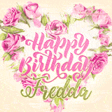 A stunning heart made of pink roses surrounds the elegant script text 'Happy Birthday Fredda' on a soft beige background. Animated sparkles add a magical and festive feel.