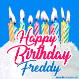A cheerful animated GIF featuring colorful lit birthday candles on a white cake, with the text 'Happy Birthday Freddy' in bold red and blue script on a bright blue background.