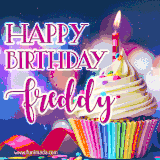A festive animated GIF featuring a colorful cupcake with a single lit candle, sprinkles, and 'Happy Birthday Freddy' text against a sparkling, celebratory background.