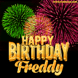 A captivating GIF with bursts of green, pink, and orange fireworks lighting up the night sky, accompanied by 'Happy Birthday Freddy' in glowing golden text.