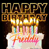 A vibrant animated GIF featuring a delicious birthday cake topped with glowing candles and the name 'Freddy' in elegant script, and the words 'Happy Birthday' on the black background.