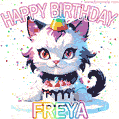 Cute cosmic cat with a birthday cake for Freya surrounded by a shimmering array of rainbow stars