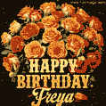 Beautiful bouquet of orange and red roses for Freya, golden inscription and twinkling stars