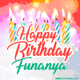 Bright birthday candles with rainbow flames on a cake, alongside the text 'Happy Birthday Funanya' in vibrant script in this celebratory animated GIF.