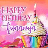 A vibrant birthday GIF featuring a rainbow-colored cupcake topped with white frosting, sprinkles, and a lit candle. The text reads 'Happy Birthday Funanya' in bold pink and violet letters with white outline.