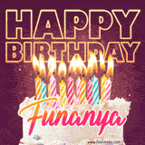 A colorful birthday cake topped with lit candles, with the words 'Happy Birthday Funanya' in bold glowing letters on a burgundy background. Animated flames add a festive touch.