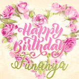 A stunning heart made of pink roses surrounds the elegant script text 'Happy Birthday Funanya' on a soft beige background. Animated sparkles add a magical and festive feel.