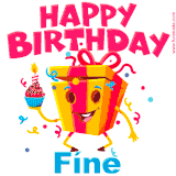A vibrant and funny gift box character with a happy face dancing with a cupcake and the text 'Happy Birthday Fíne,' surrounded by animated confetti and party vibes.