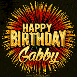 Golden 'Happy Birthday Gabby' text accompanied by animated rainbow fireworks for a festive animated greeting.