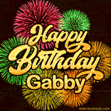 Golden text reading 'Happy Birthday Gabby' surrounded by vibrant fireworks in red, green, and yellow, set against a dark background in this celebratory birthday GIF.