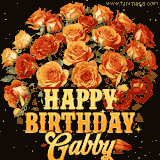 Animated bouquet of orange roses with moving butterfles and golden 'Happy Birthday Gabby' text, surrounded by sparkling accents and a dark backdrop for a luxurious feel.