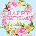 A charming animated GIF featuring 'Happy Birthday Gabby' in pink and green text, surrounded by delicate roses, leaves, and fluttering butterflies on a soft light blue pastel background.