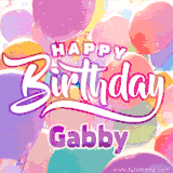A vibrant name GIF featuring colorful balloons in shades of pink, orange, and yellow with the bold text 'Happy Birthday Gabby' in festive fonts, creating a lively birthday vibe.
