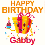 A vibrant and funny gift box character with a happy face dancing with a cupcake and the text 'Happy Birthday Gabby,' surrounded by animated confetti and party vibes.