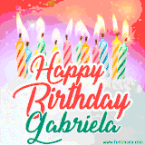 Bright birthday candles with rainbow flames on a cake, alongside the text 'Happy Birthday Gabriela' in vibrant script in this celebratory animated GIF.