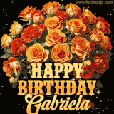 Animated bouquet of orange roses with moving butterfles and golden 'Happy Birthday Gabriela' text, surrounded by sparkling accents and a dark backdrop for a luxurious feel.