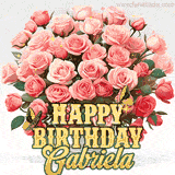 Golden 'Happy Birthday Gabriela' text beneath a vibrant bouquet of orange roses, complete with glittering butterflies and sparkling details.