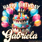 Bright birthday animation for Gabriela with a chocolate cake, candles, balloons, and glowing celebratory lights.