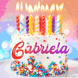 A cheerful white birthday cake with multicolor sprinkles, lit candles, and 'Gabriela' written in vibrant letters, in an animated GIF.