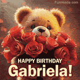 Cinematic style cute animated teddy bear with charming features holding a large bouquet of red roses, the words say 'Happy Birthday Gabriela' in sans serif font.