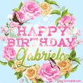 A charming animated GIF featuring 'Happy Birthday Gabriela' in pink and green text, surrounded by delicate roses, leaves, and fluttering butterflies on a soft light blue pastel background.