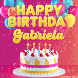 Pink-themed animated greeting with balloons, confetti, and a frosted cake under the message 'Happy Birthday Gabriela' in bold rounded yellow font.